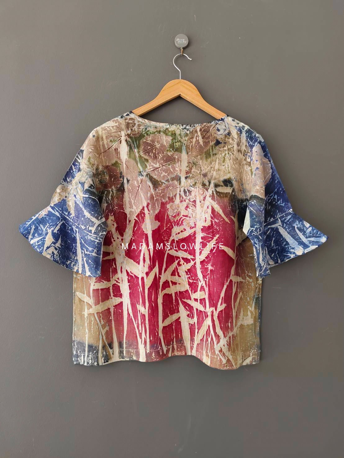 เสื้อผ้าลินินแท้ ลวดลายพิมพ์ลายแบบ eco-print อก 42 นิ้ว แขนยาว 12 นิ้ว ยาว 24 นิ้ว