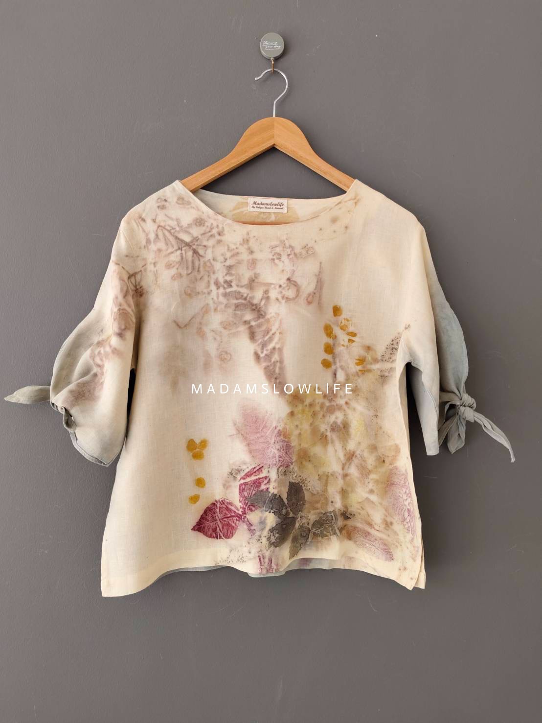 เสื้อผ้าลินินแท้ ลวดลายพิมพ์ลายแบบ eco-print อก 42 นิ้ว ยาว 22 นิ้ว