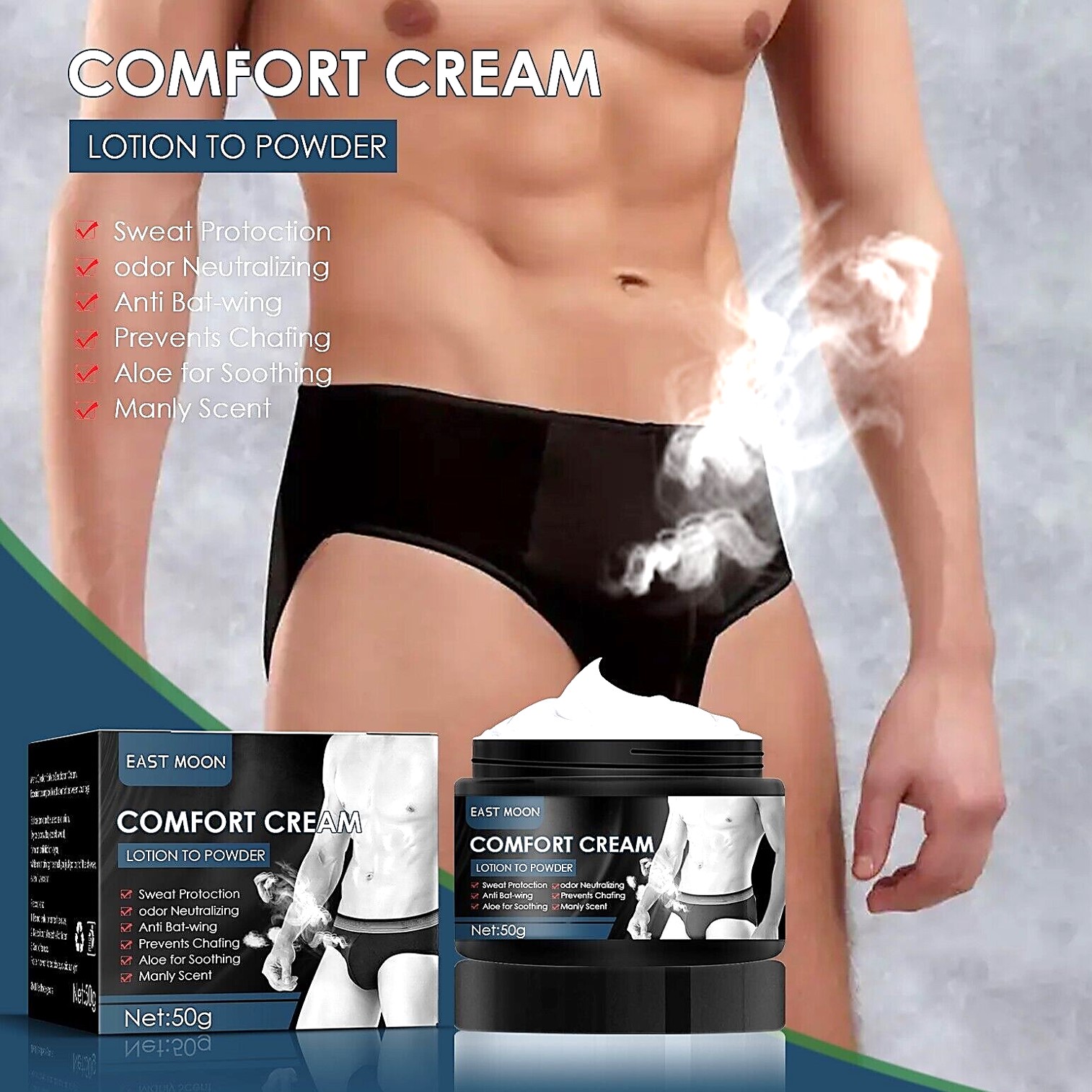 East Moon Comfort Cream Lotion To Powder 50g ผลิตภัณฑ์ระงับกลิ่นบริเวณจุดซ่อนเร้นสำหรับผู้ชายลดการสะสมของแบคทีเรียและกลิ่นอับชื้น