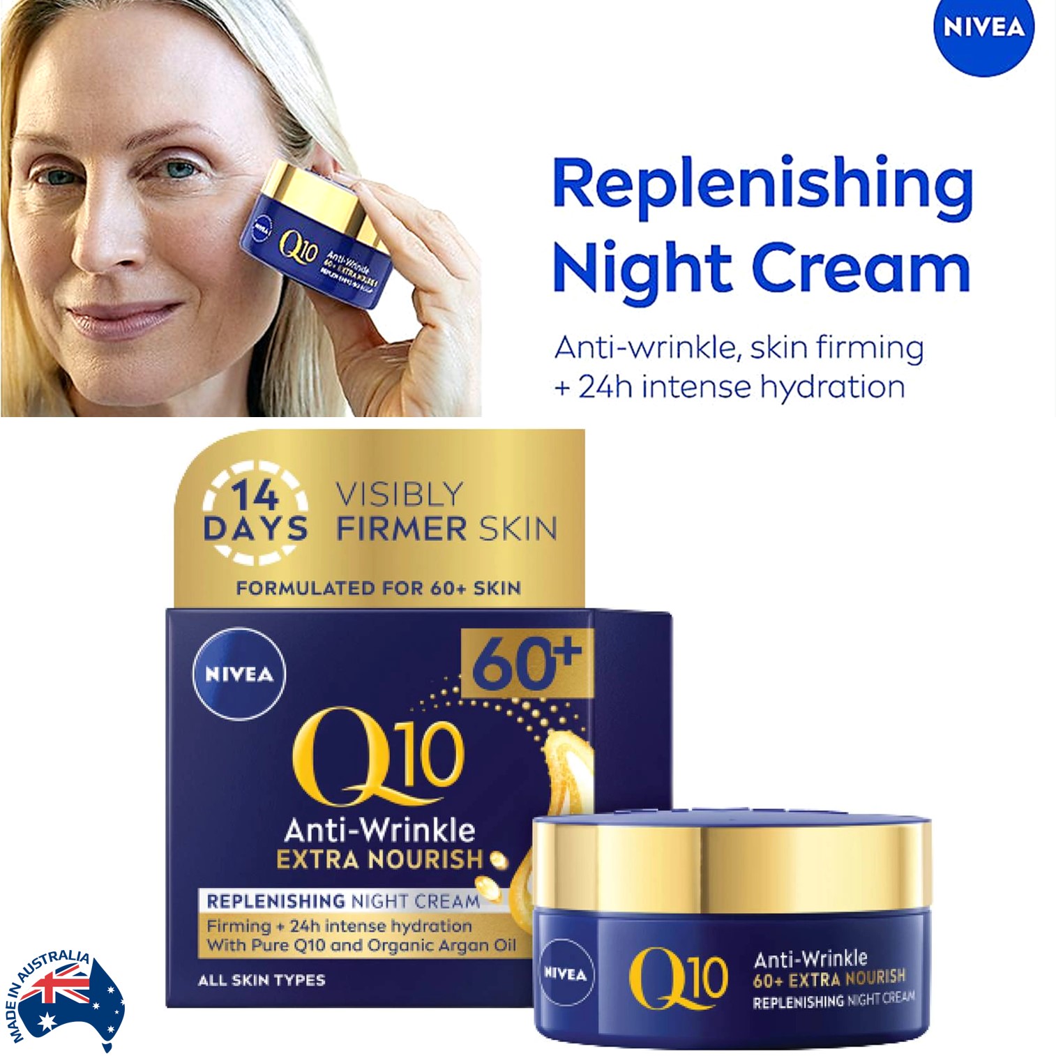 Nivea Q10 ANTI-WRINKLE 60+ REPLENISHING NIGHT CREAM MOISTURISER 50ml ผลิตภัณฑ์บำรุงผิวหน้าตอนกลางคืนสูตรพิเศษสินค้านำเข้าจากออสเตรเลียพร้อมส่ง