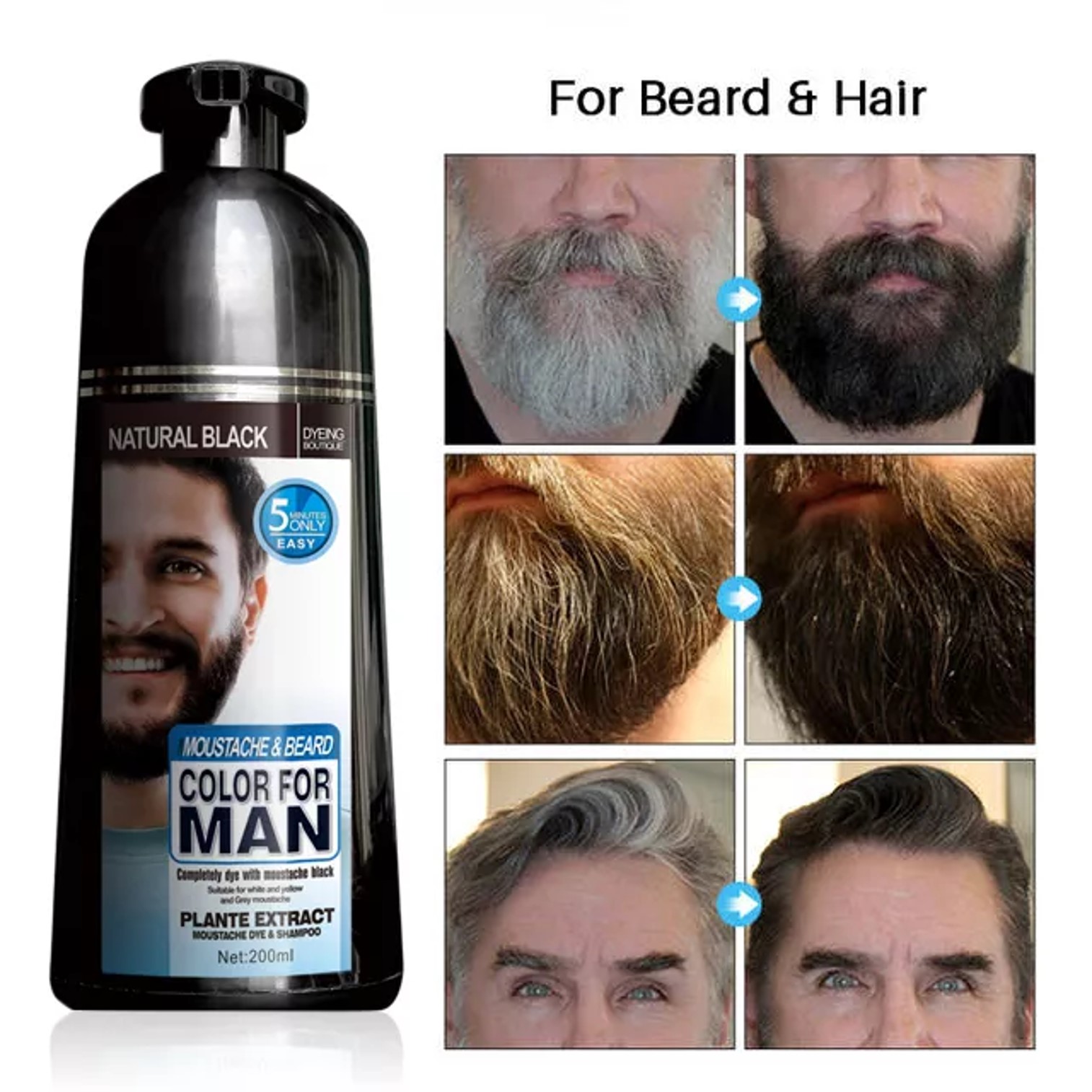 MOKERU black color dye shampoo for beard&hair 5 minutes fast color แชมพูเปลี่ยนสีผมและหนวดเคราภายใน 5 นาที สีดำธรรมชาติ