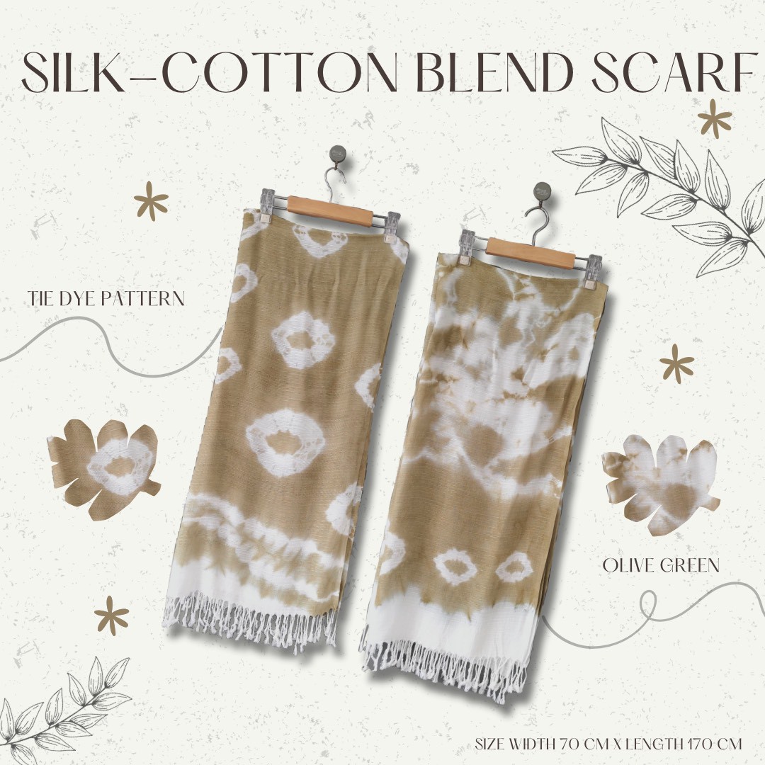 ผ้าพันคอ cotton มัดย้อมสีเขียวขี้ม้า มี 2 ลาย ให้เลือก Size : กว้าง 70 cm × ความยาว 170 cm
