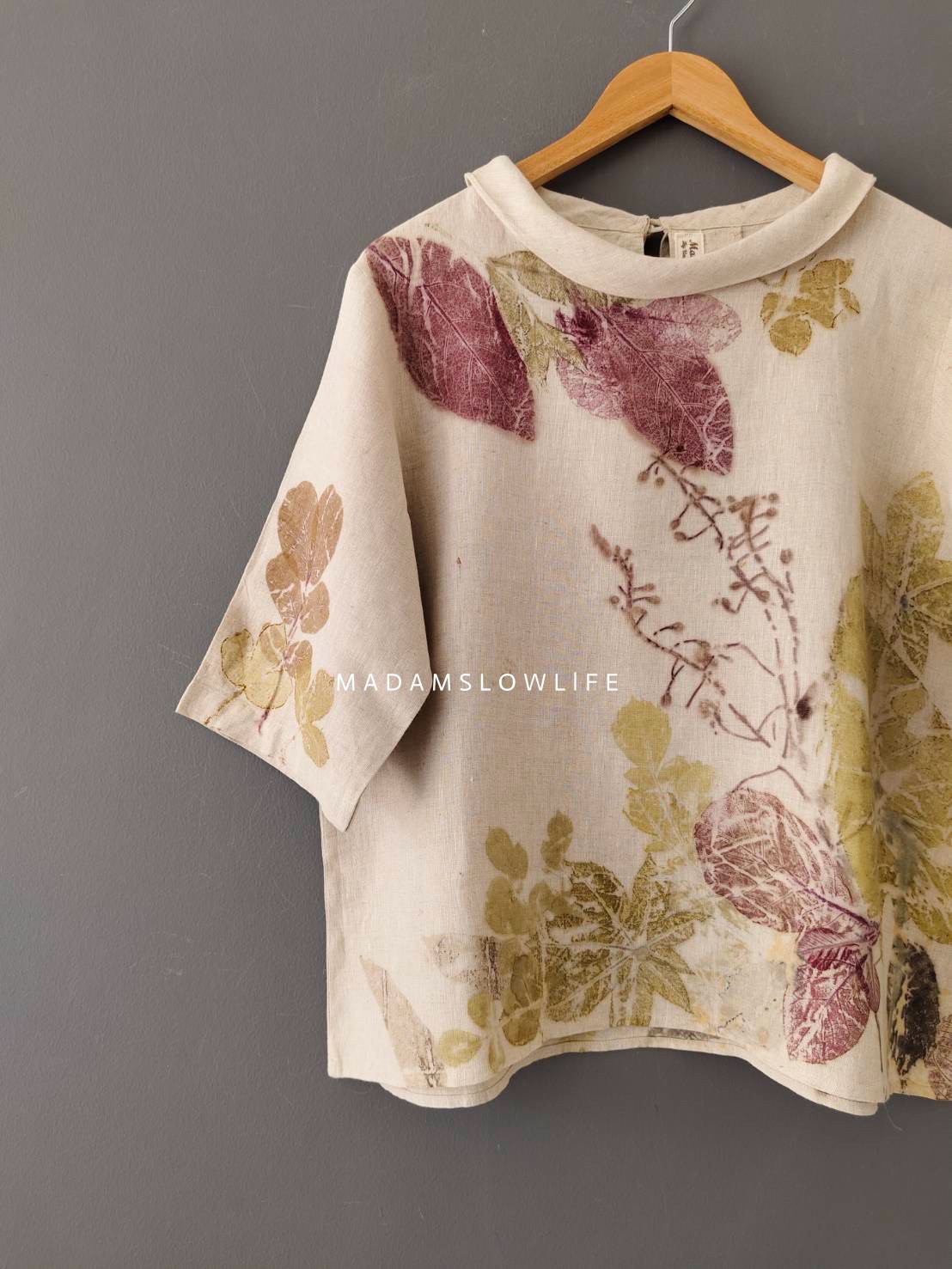 เสื้อผ้าลินินแท้ ลวดลายพิมพ์ลายแบบ eco-print อก 42 นิ้ว ยาว 23 นิ้ว