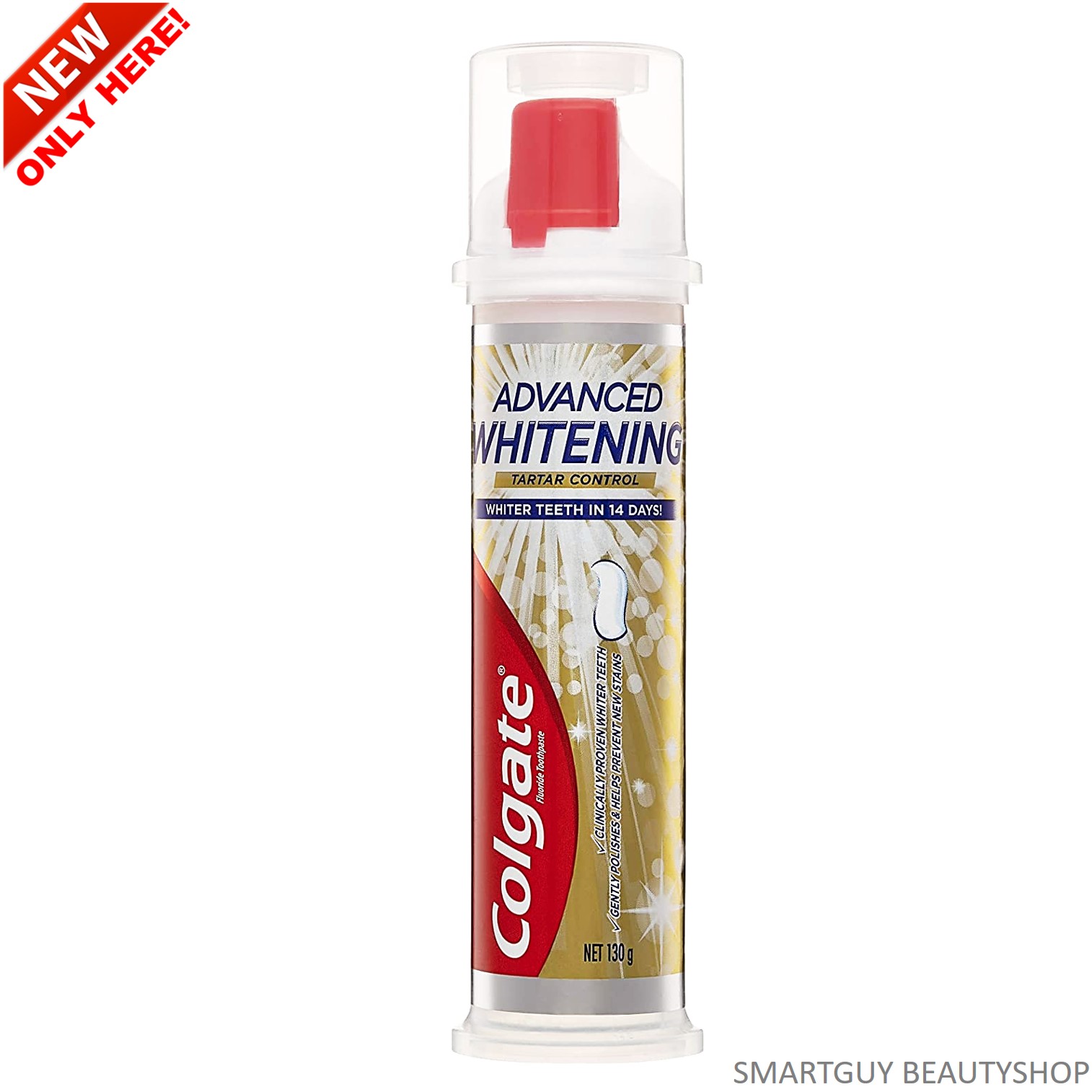 Colgate Advanced Whitening Tartar Control with micro cleansing crystals Pump Toothpaste 130g ยาสีฟันคอลเกตสูตรพิเศษในขวดดีไซน์ใหม่รูปแบบหัวปั๊ม สินค้านำเข้าจากต่างประเทศ