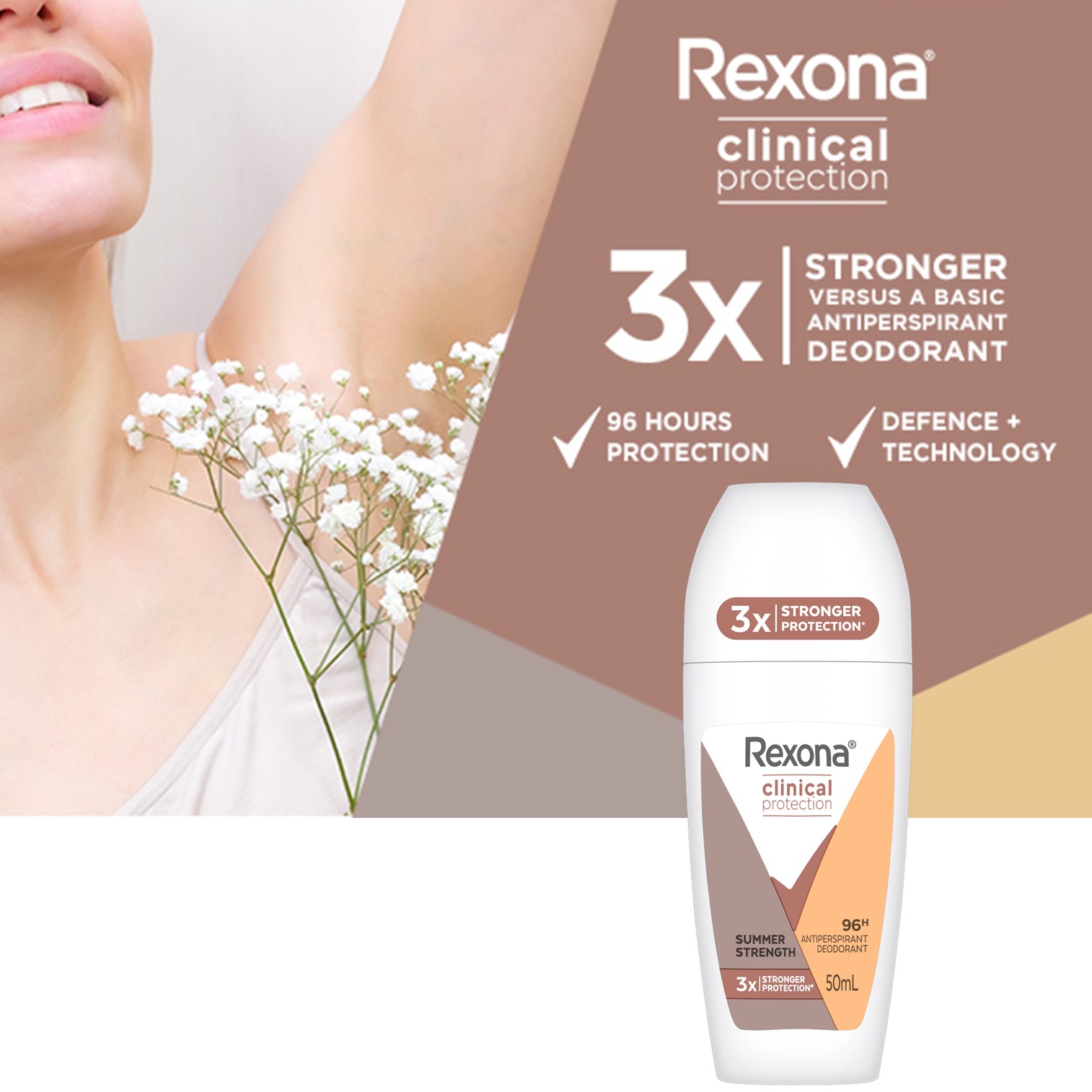 Rexona Clinical Protection Antiperspirant Deodorant Roll On Summer Strength 50ml ลูกกลิ้งระงับกลิ่นใต้วงแขนสำหรับผู้หญิงกลิ่นหอมพิเศษจากต่างประเทศของแท้พร้อมส่ง