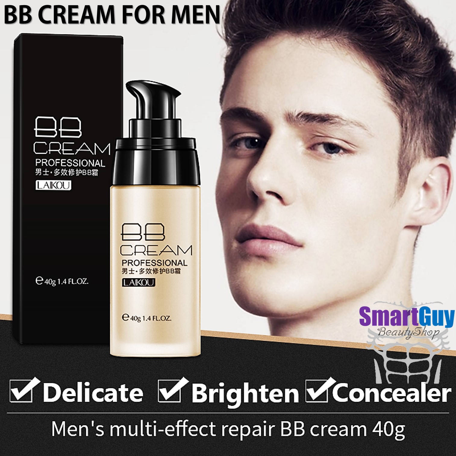 ครีมรองพื้นสำหรับผิวหน้าผู้ชายปรับผิวเรียบเนียนมีออร่ากันแดดพร้อมการบำรุงเนื้อบางเบาเป็นพิเศษ LAIKOU BB Cream Professional For Men 40g.