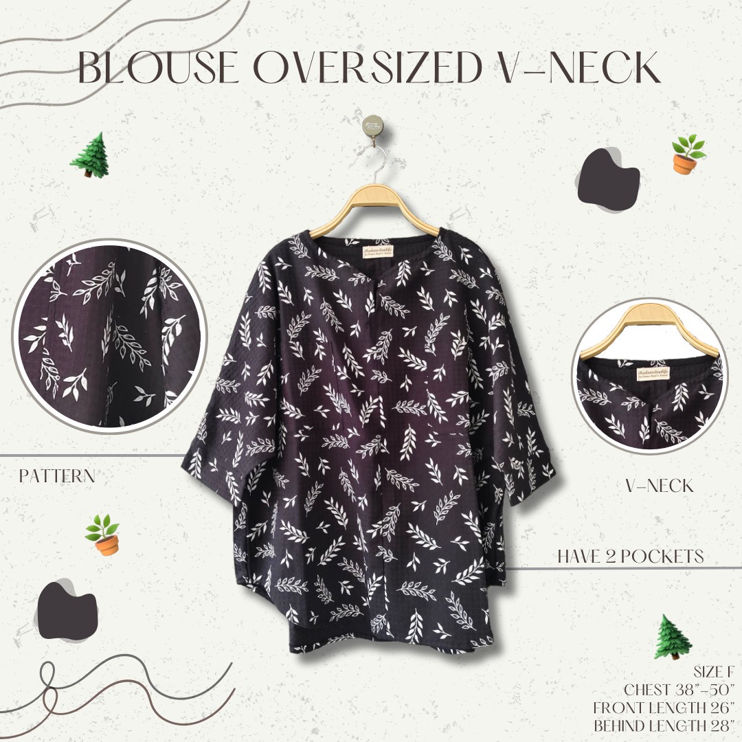 เสื้อผู้หญิงทรงคอวีโอเวอร์ไซต์ สีดำพิมพ์ลาย Size: F