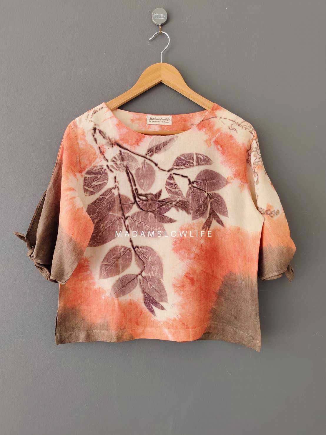 เสื้อผ้าลินินแท้ ลวดลายพิมพ์ลายแบบ eco-print อก 40 นิ้ว ยาว 22 นิ้ว