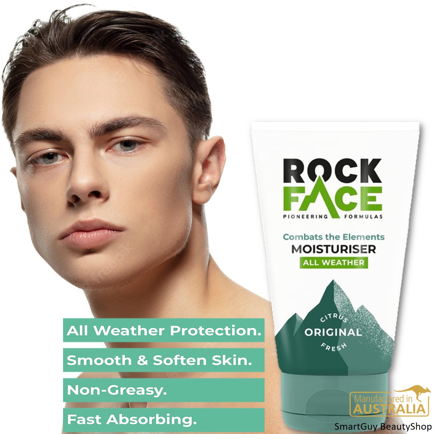Rockface Mens Moisturiser All Weather Protection Energises Skin Fast Absorbing 100ml ครีมมอยซ์เจอร์ไรเซอร์บำรุงผิวหน้าผู้ชายสูตรพิเศษจากออสเตรเลีย