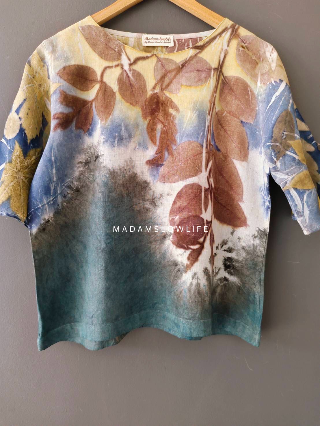 เสื้อผ้าลินินแท้ ลวดลายพิมพ์ลายแบบ eco-print อก 40 นิ้ว ยาว 22 นิ้ว