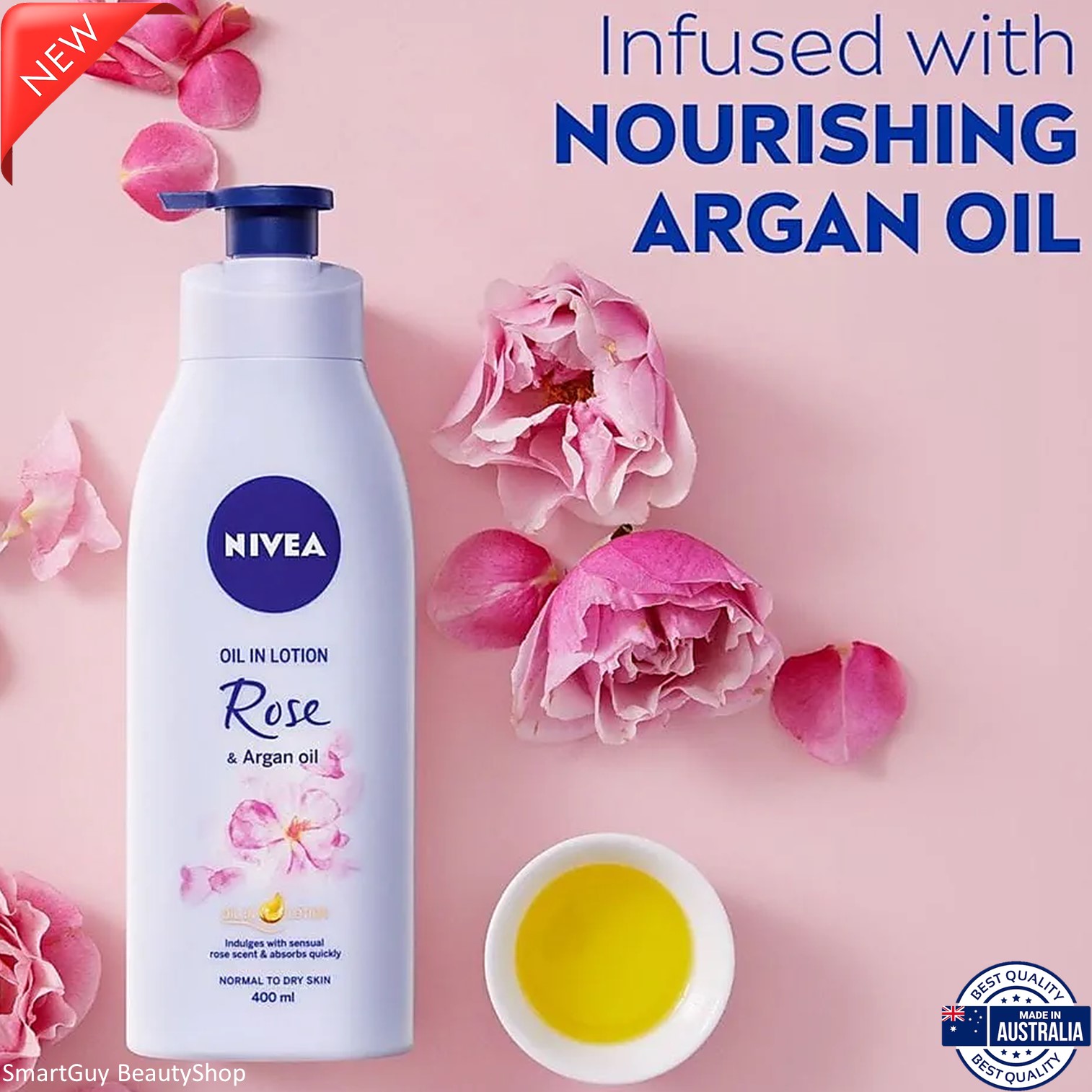 NIVEA OIL IN LOTION ROSE & ARGAN OIL 400ML โลชั่นบำรุงผิวกายเพิ่มความชุ่มชื้นผิวแลดูอ่อนกว่าวัยสูตรพิเศษสินค้านำเข้าจากออสเตรเลียพร้อมส่ง