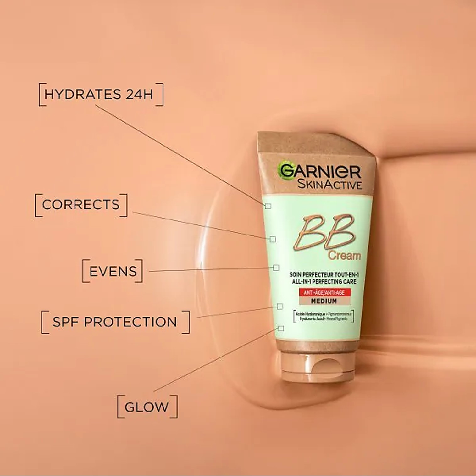 Garnier SkinActive BB Cream Anti-Ageing Medium 50mL บีบีครีมรองพื้นผิวหน้าเนื้อบางเบาสูตรพิเศษช่วยลดริ้วรอยสินค้านำเข้าจากออสเตรเลีย