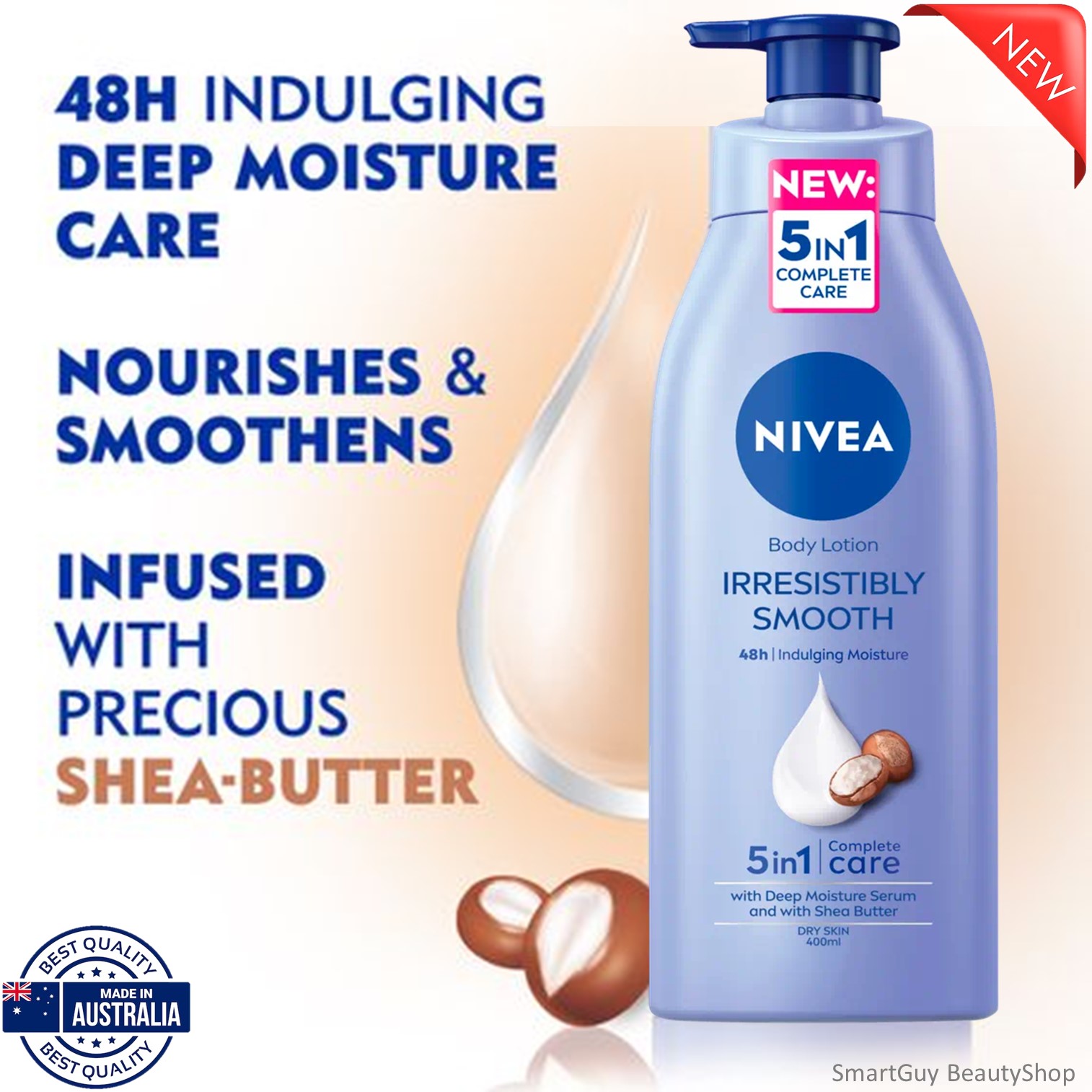 NIVEA IRRESISTIBLY SMOOTH BODY LOTION 400ML โลชั่นบำรุงผิวกายเพิ่มความชุ่มชื้นผิวแลดูอ่อนกว่าวัยสูตรพิเศษสินค้านำเข้าจากออสเตรเลียพร้อมส่ง
