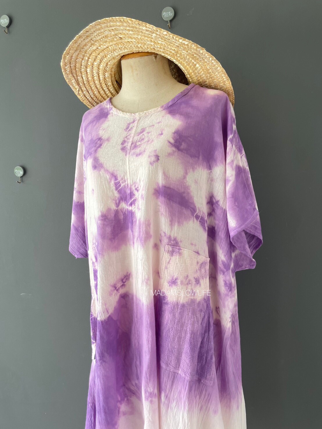 ชุดเดรสสวยๆ Size F ผ้าคอตตอนแบบมีเทกเจอร์ สีม่วงสวยใช้สีปลอดสารพิษ