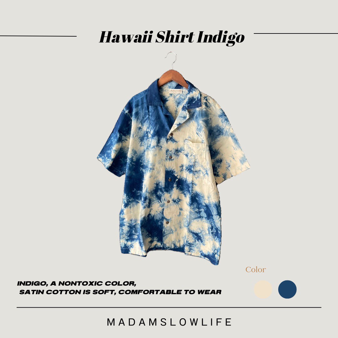 เสื้อเชิ๊ตฮาวาย มัดย้อมครามธรรมชาติ มีSize:XS,S,M,L,XL,2XL,3XL,4XL