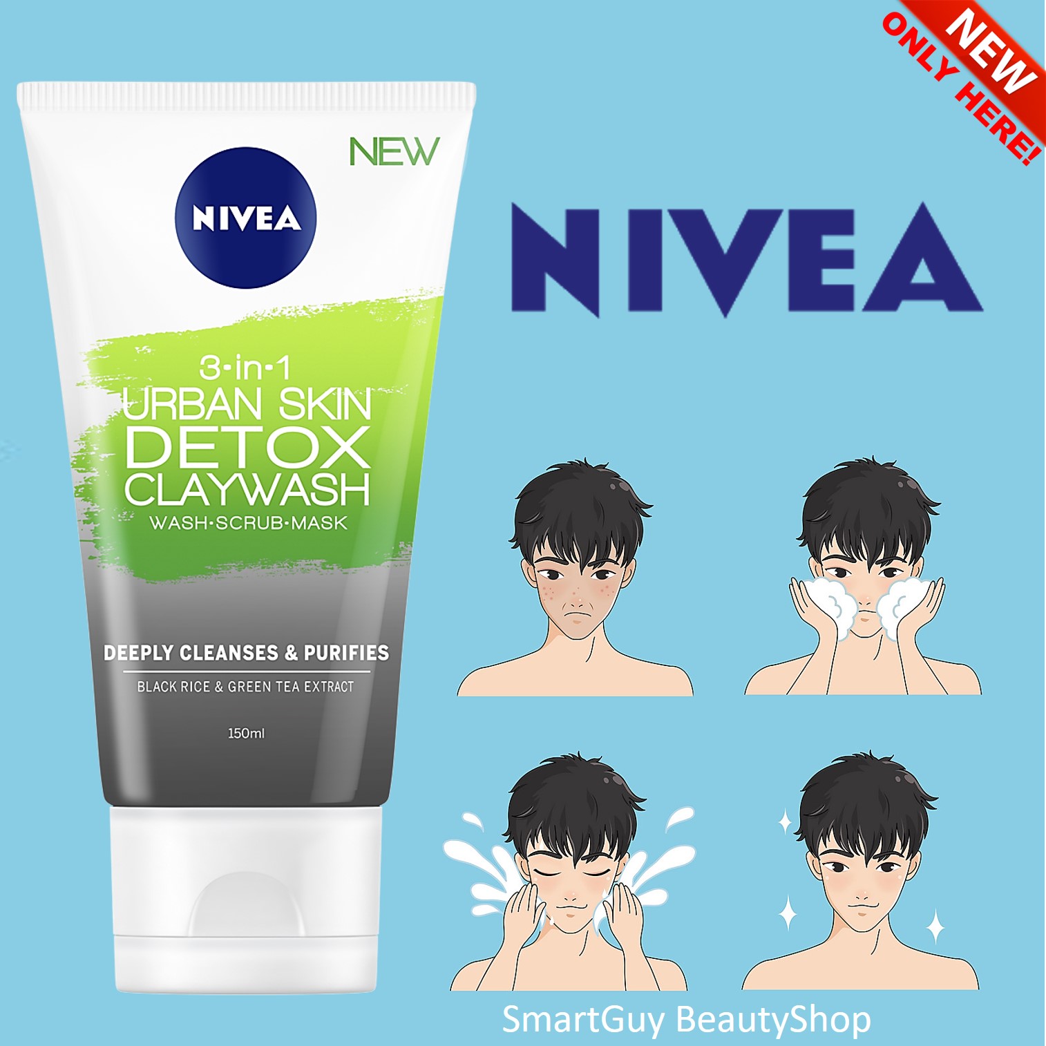 NIVEA 3-IN-1 URBAN SKIN DETOX CLAY WASH 150ml. ผลิตภัณฑ์ทำความสะอาดผิวหน้าประสิทธิภาพสูงสูตรใหม่ล่าสุดเพื่อผิวหน้ากระจ่างใสจากนีเวีย
