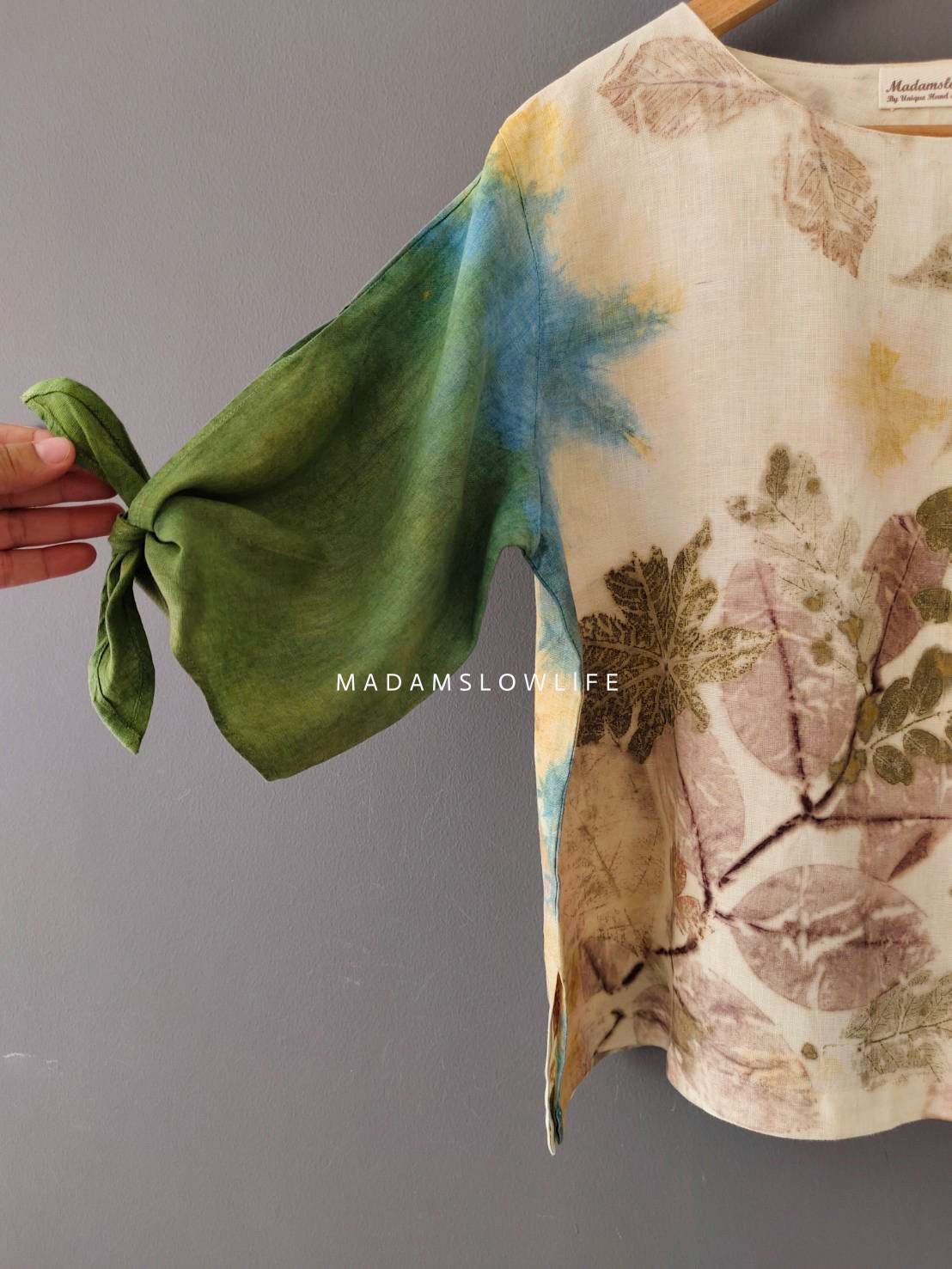 เสื้อผ้าลินินแท้ ลวดลายพิมพ์ลายแบบ eco-print อก 42 นิ้ว ยาว 22 นิ้ว