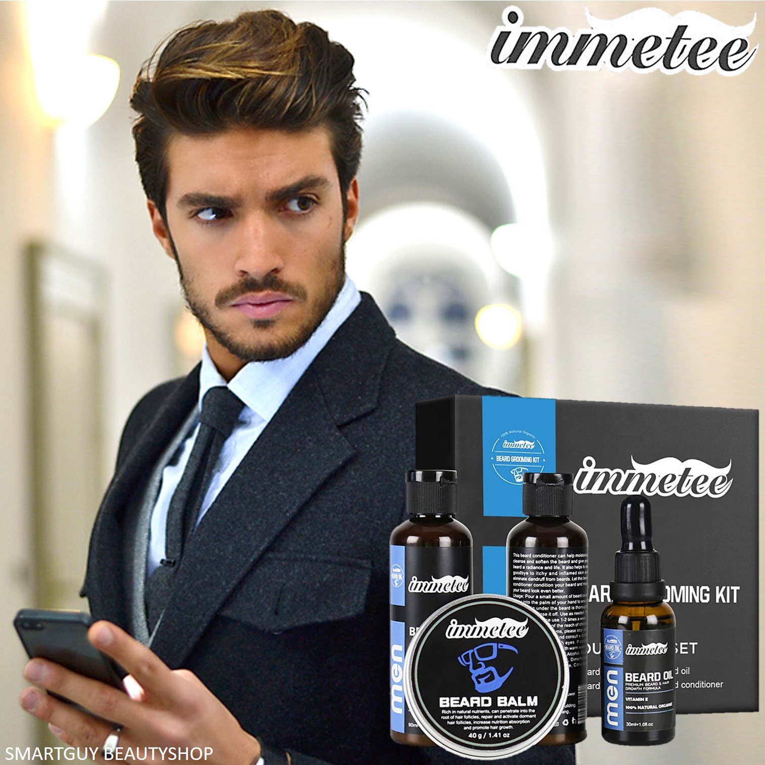 IMMETEE Beard Grooming Kit 4 Piece Set for Men 250ml ชุดผลิตภัณฑ์ทำความสะอาดและดูแลหนวดเคราแบบครบสูตร