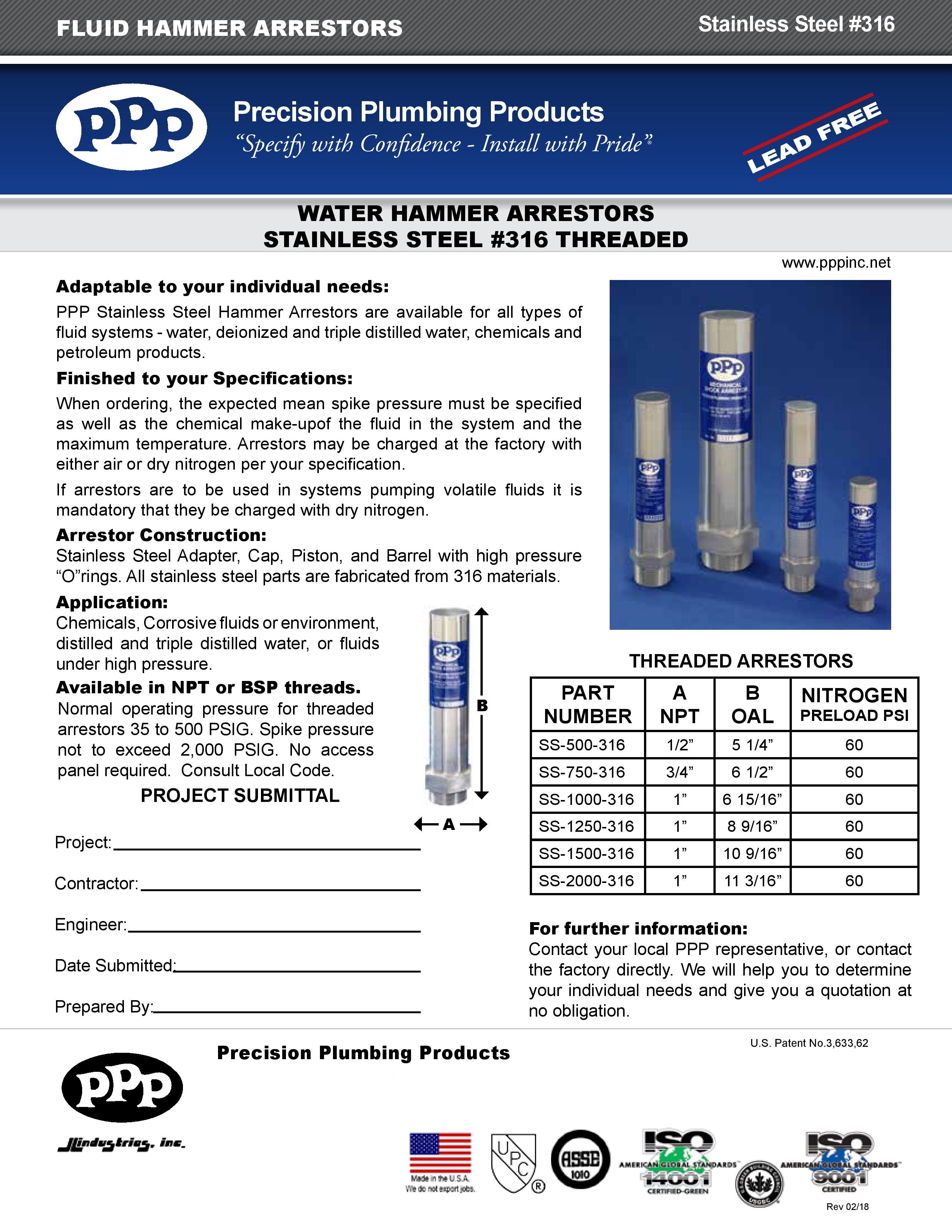 PPP Water Hammer Arrestors