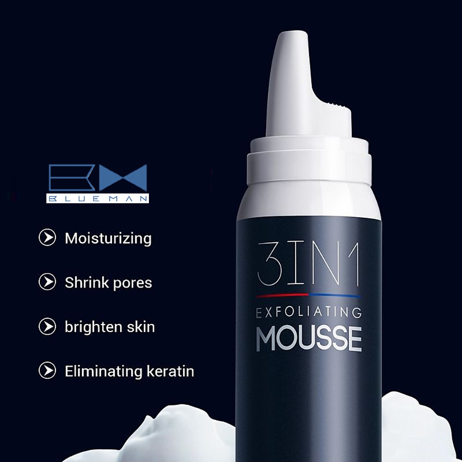 มูสโฟมทำความสะอาดผิวหน้าสูตรพิเศษปรับผิวขาวใสย้อนวัยผิวหน้าสำหรับผู้ชาย BlueMan 3 in 1 Exfoliating Mousse 80g