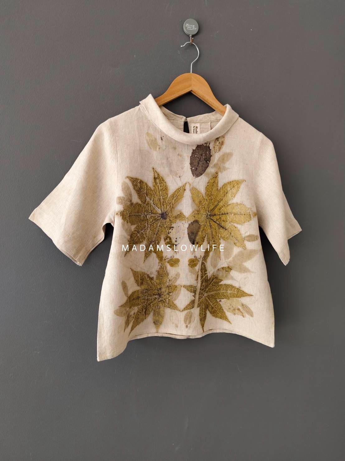 เสื้อผ้าลินินแท้ ลวดลายพิมพ์ลายแบบ eco-print อก 38 นิ้ว ยาว 21 นิ้ว