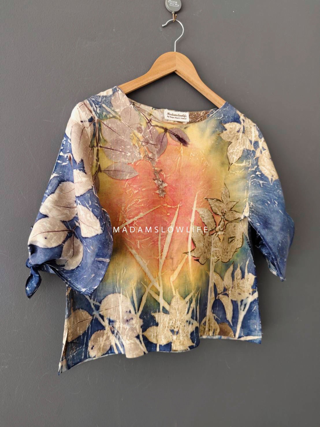 เสื้อผ้าลินินแท้ ลวดลายพิมพ์ลายแบบ eco-print อก 40 นิ้ว ยาว 22 นิ้ว