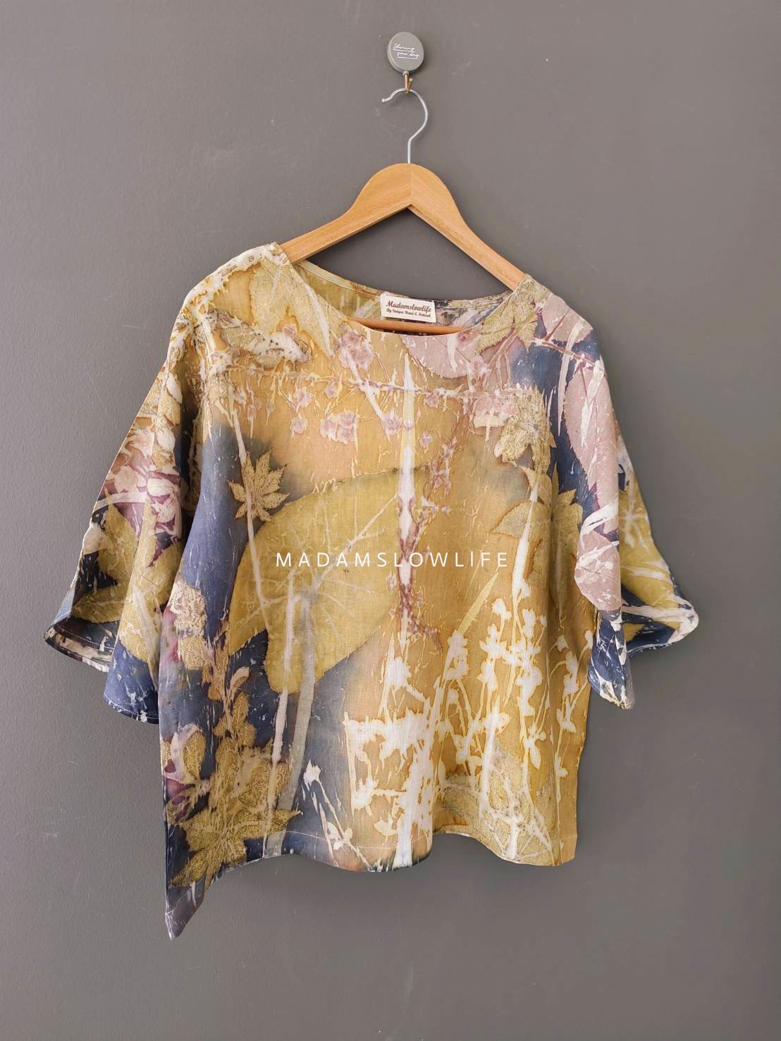 เสื้อผ้าลินินแท้ ลวดลายพิมพ์ลายแบบ eco-print อก 42 นิ้ว แขนยาว 12 นิ้ว ยาว 24 นิ้ว