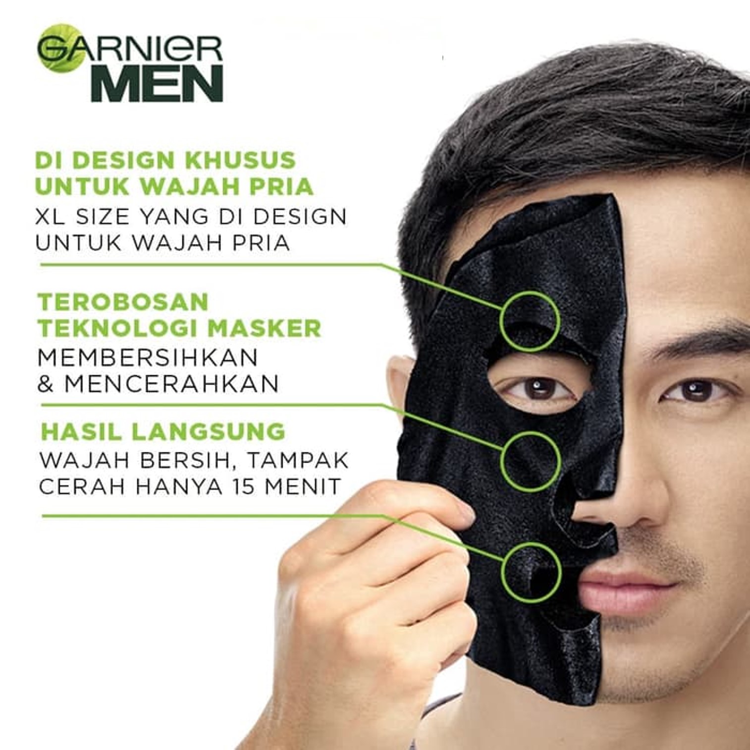 GARNIER MEN XL Charcoal Mask Power White Purifying & Brightening 30g. แผ่นมาส์คดีท็อกซ์ผิวหน้ากระจ่างใสสำหรับผู้ชายสูตรชาโคล