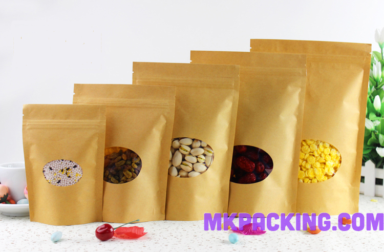 ถุงกระดาษคราฟท์ หน้าต่างวงรี ซิปล็อค ตั้งได้ ขนาด 13*18 +4 ซม.