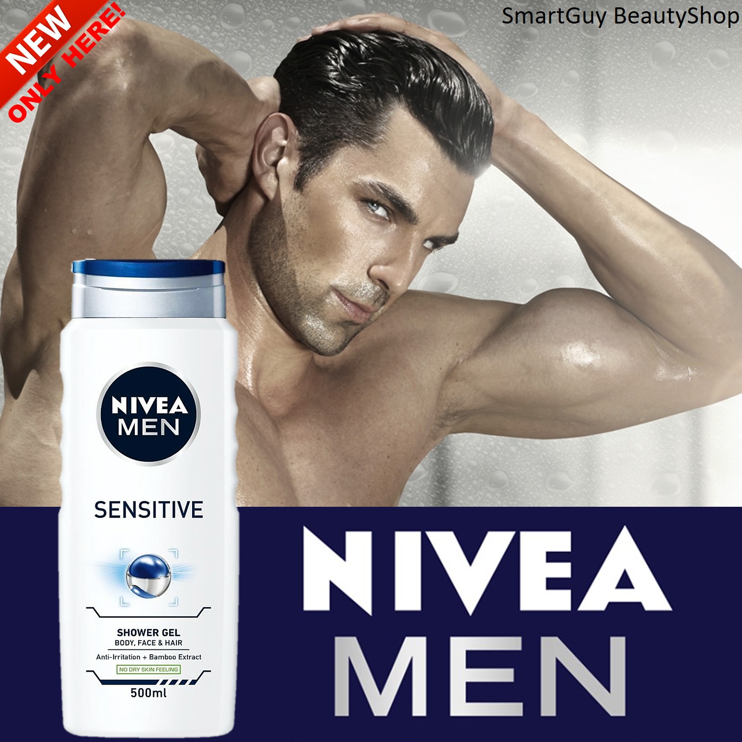 Nivea Men Shower Gel Body Wash Sensitive for Body, Face and Hair 500ml ผลิตภัณฑ์ทำความสะอาดเส้นผม ผิวหน้า ผิวกาย สูตรพิเศษจากนีเวียเม็นสำหรับผู้ชาย สินค้านำเข้าจากต่างประเทศ