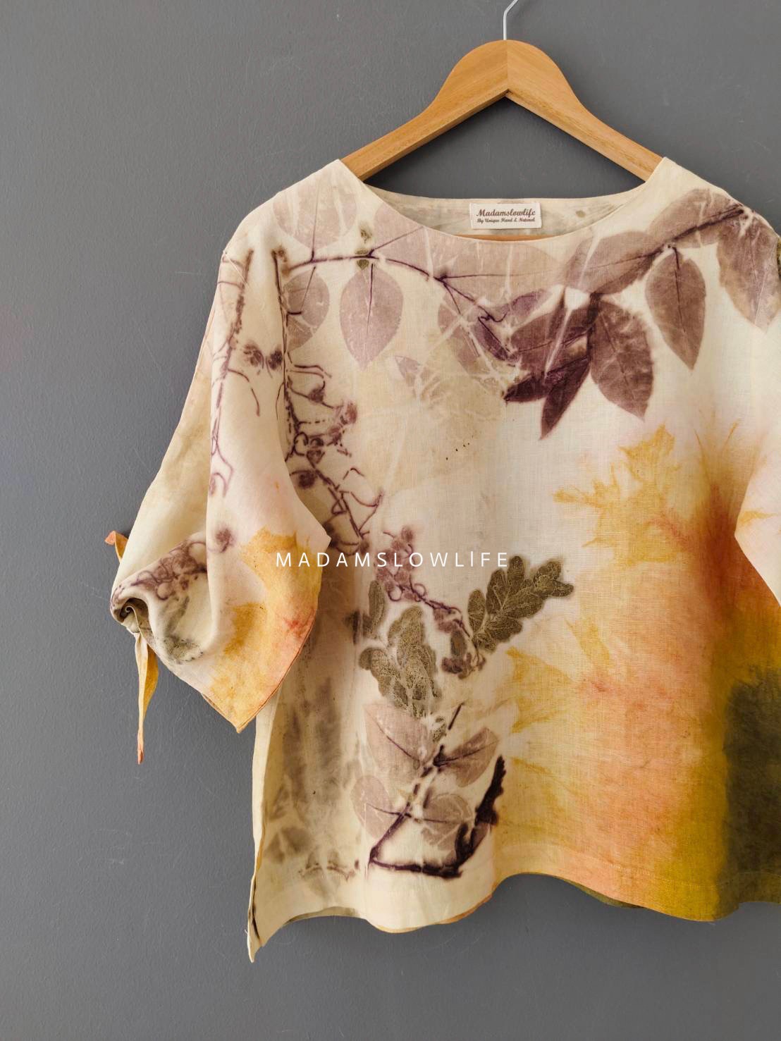 เสื้อผ้าลินินแท้ ลวดลายพิมพ์ลายแบบ eco-print อก 44 นิ้ว ยาว 23 นิ้ว