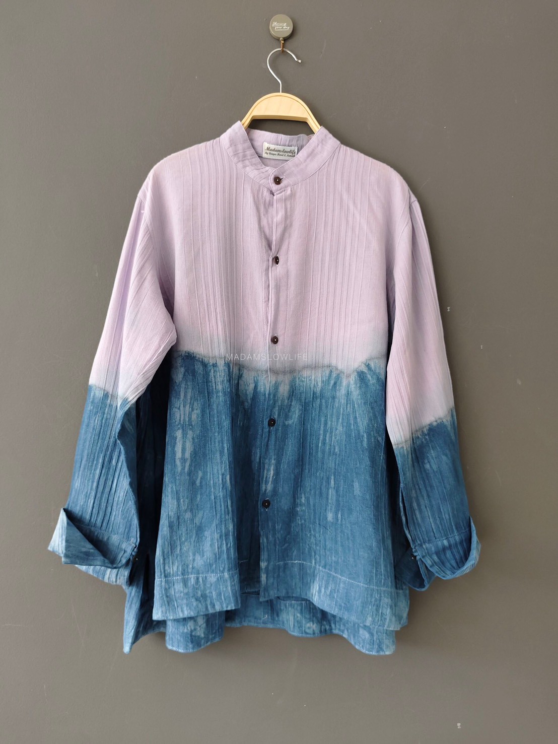 เสื้อแขนยาวคอจีนมัดย้อมทูโทนม่วงคราม Size: F มี 2 แบบ