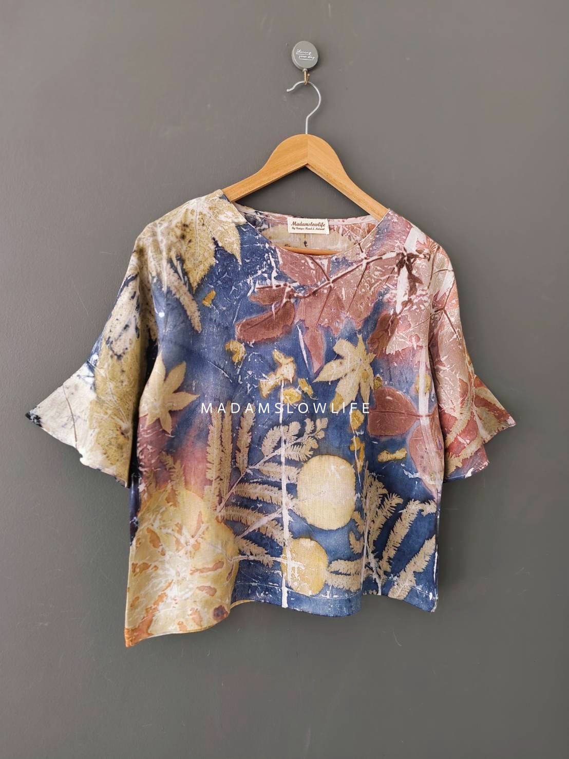 เสื้อผ้าลินินแท้ ลวดลายพิมพ์ลายแบบ eco-print อก 40 นิ้ว ยาว 22 นิ้ว