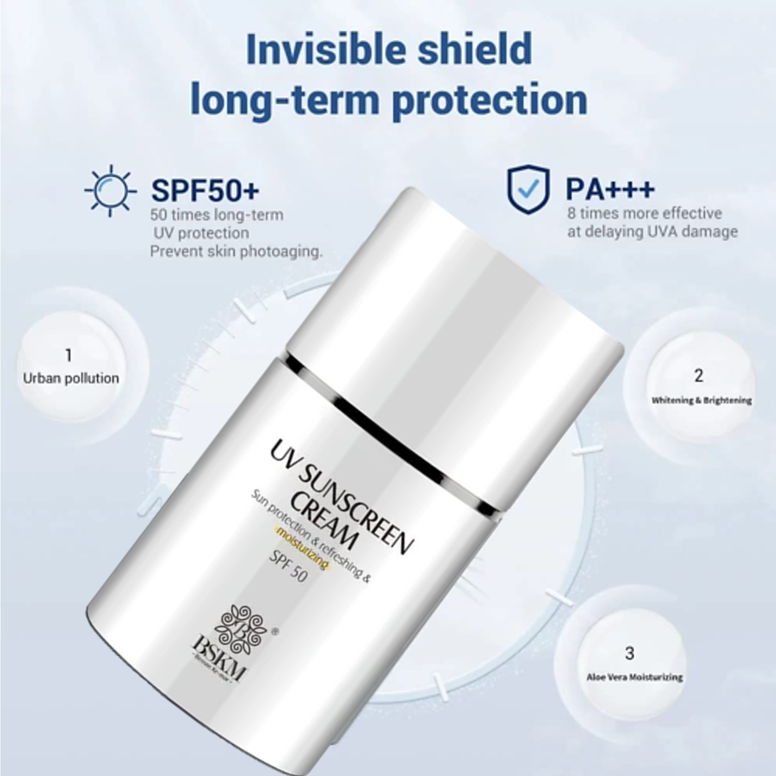 BSKM UV Sunscreen Cream for Face SPF50 Superfluid Facial 45g ครีมกันแดดเนื้อบางเบาสูตรผสมว่านหางจรเข้เพื่อผิวหน้ากระจ่างใสชุ่มชื้นตลอดวัน