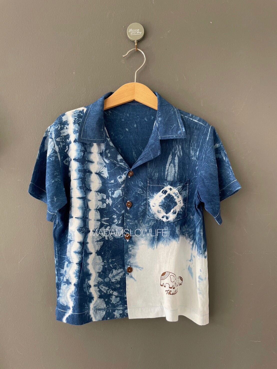 เสื้อฮาวายลวดลายช้าง THAILANDย้อมคราม Size: 80 90 100 110 120 130 140