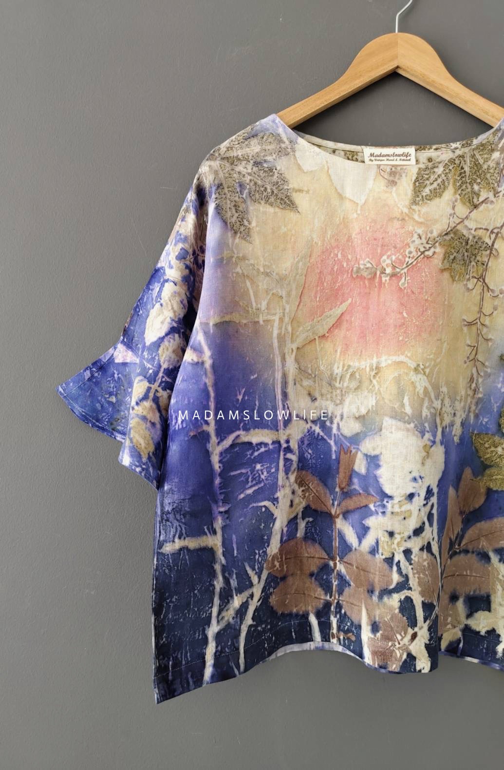 เสื้อผ้าลินินแท้ ลวดลายพิมพ์ลายแบบ eco-print อก 44 นิ้ว แขนยาว 14 ยาว 24 นิ้ว
