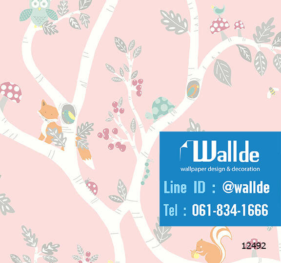 วอลเปเปอร์ห้องเด็ก วอลเปอร์ลายการ์ตูน ลายต้นไม้ กระรอก