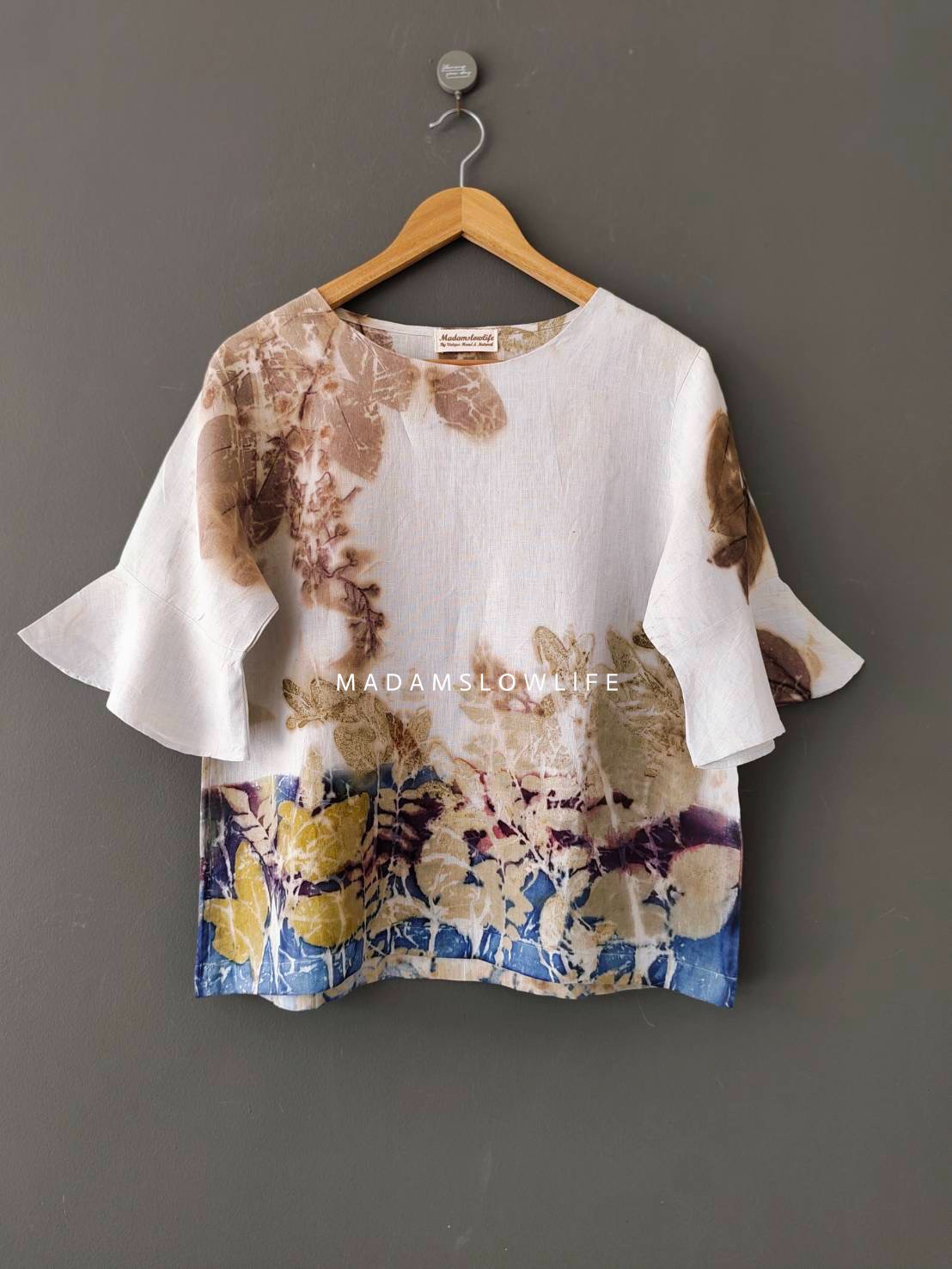 เสื้อผ้าลินินแท้ ลวดลายพิมพ์ลายแบบ eco-print อก 42 นิ้ว แขนยาว 12 นิ้ว ยาว 24 นิ้ว