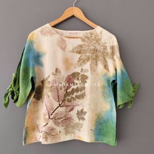 เสื้อผ้าลินินแท้ ลวดลายพิมพ์ลายแบบ eco-print อก 42 นิ้ว ยาว 22 นิ้ว