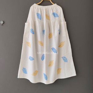 กระโปรงระบาย Size F เนื้อผ้าคอตตอนมีเทกเจอร์ พิมพ์ลายด้วยใบไม้ใช้สีปลอดสารพิษ