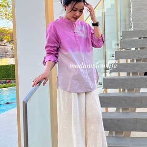 เสื้อเชิ้ต คอจีนแขนยาว แขนพับได้ เนื้อผ้าคอตตอน ซาทีน Cotton Satin ใส่สบาย