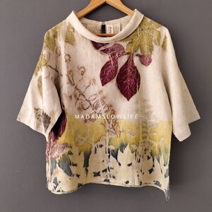 เสื้อผ้าลินินแท้ ลวดลายพิมพ์ลายแบบ eco-print อก 44 นิ้ว ยาว 23.5 นิ้ว